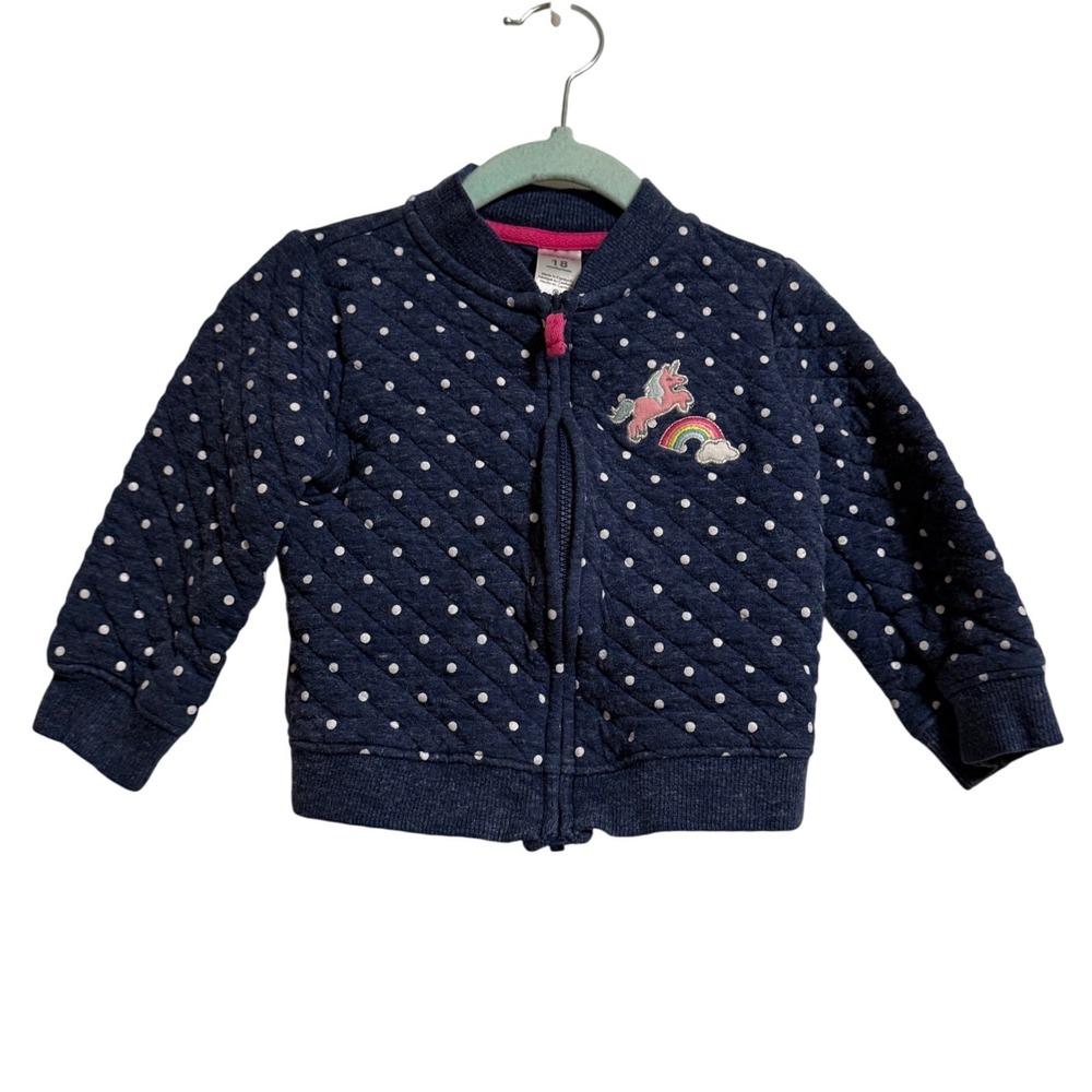 Carters Girls Navy Polka Dot Quilted Unicorn Rainbow Bomber Jacket 18 Months